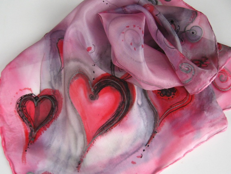 Malované hedvábí, srdíčka