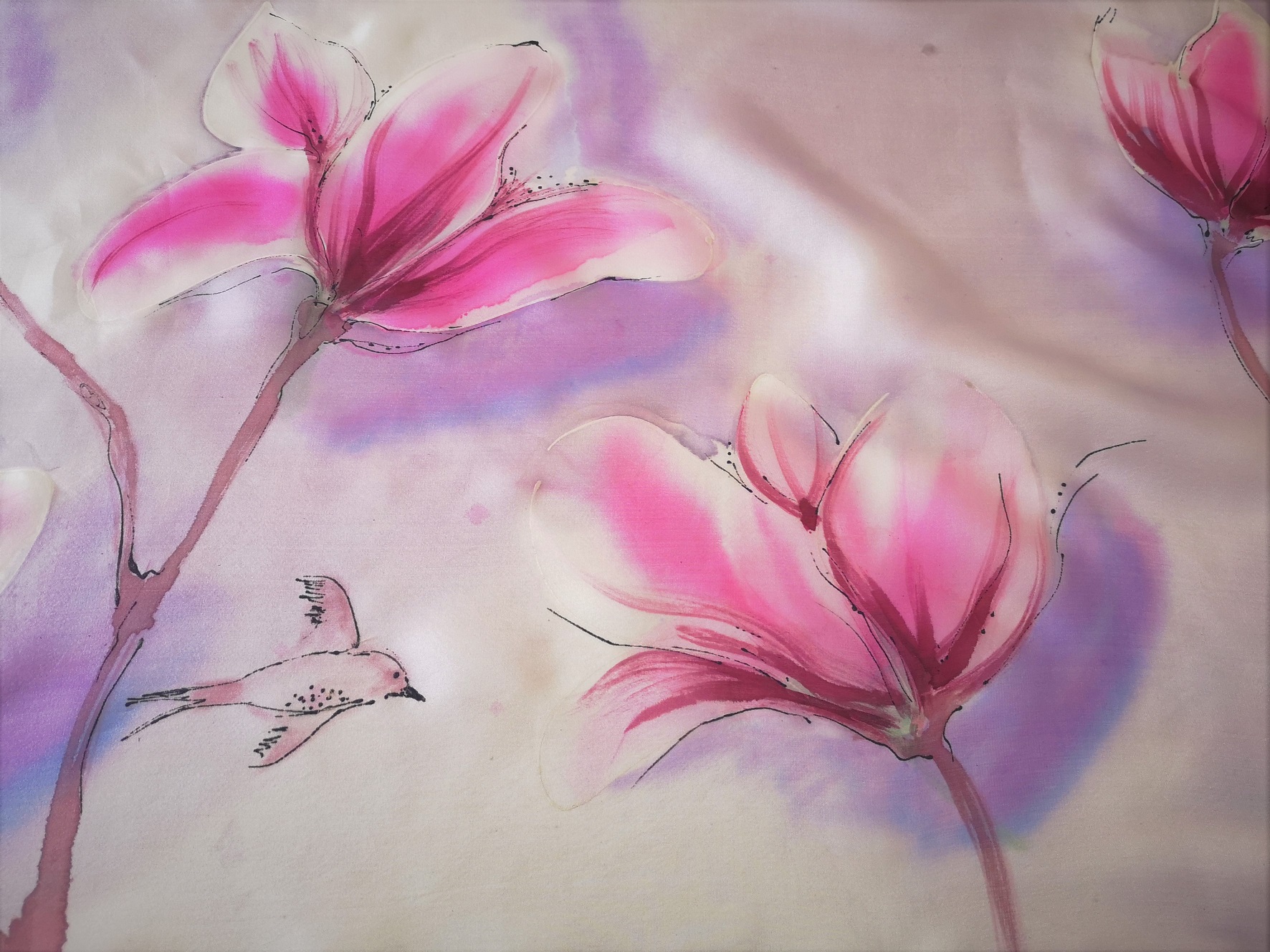 Velký hedvábný šátek - Magnolie a ptáčci