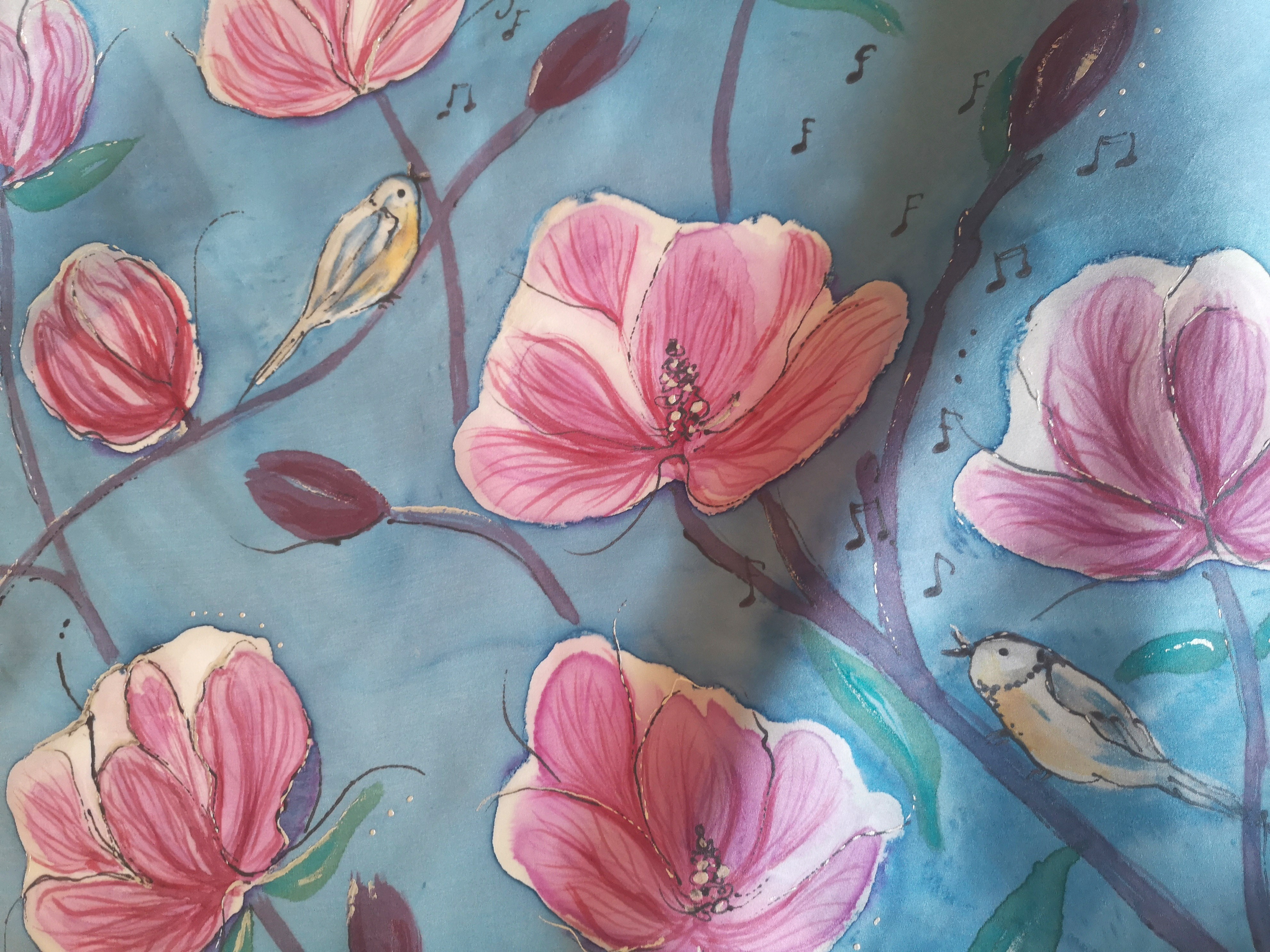 Malovaný hedvábný šál, Magnolie a ptáčci