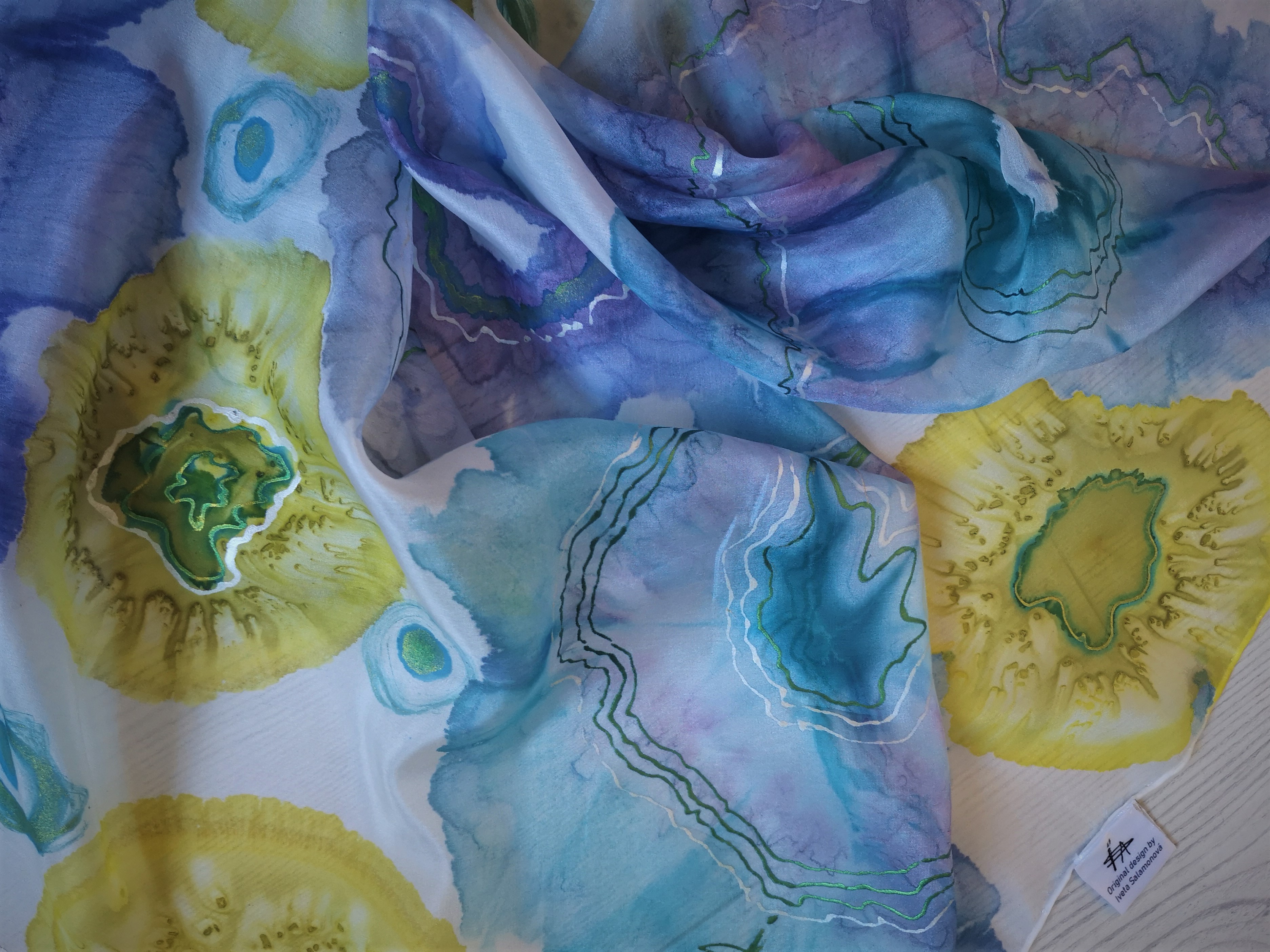 Hedvábná malovaná šála-šátek - Plátky achátů