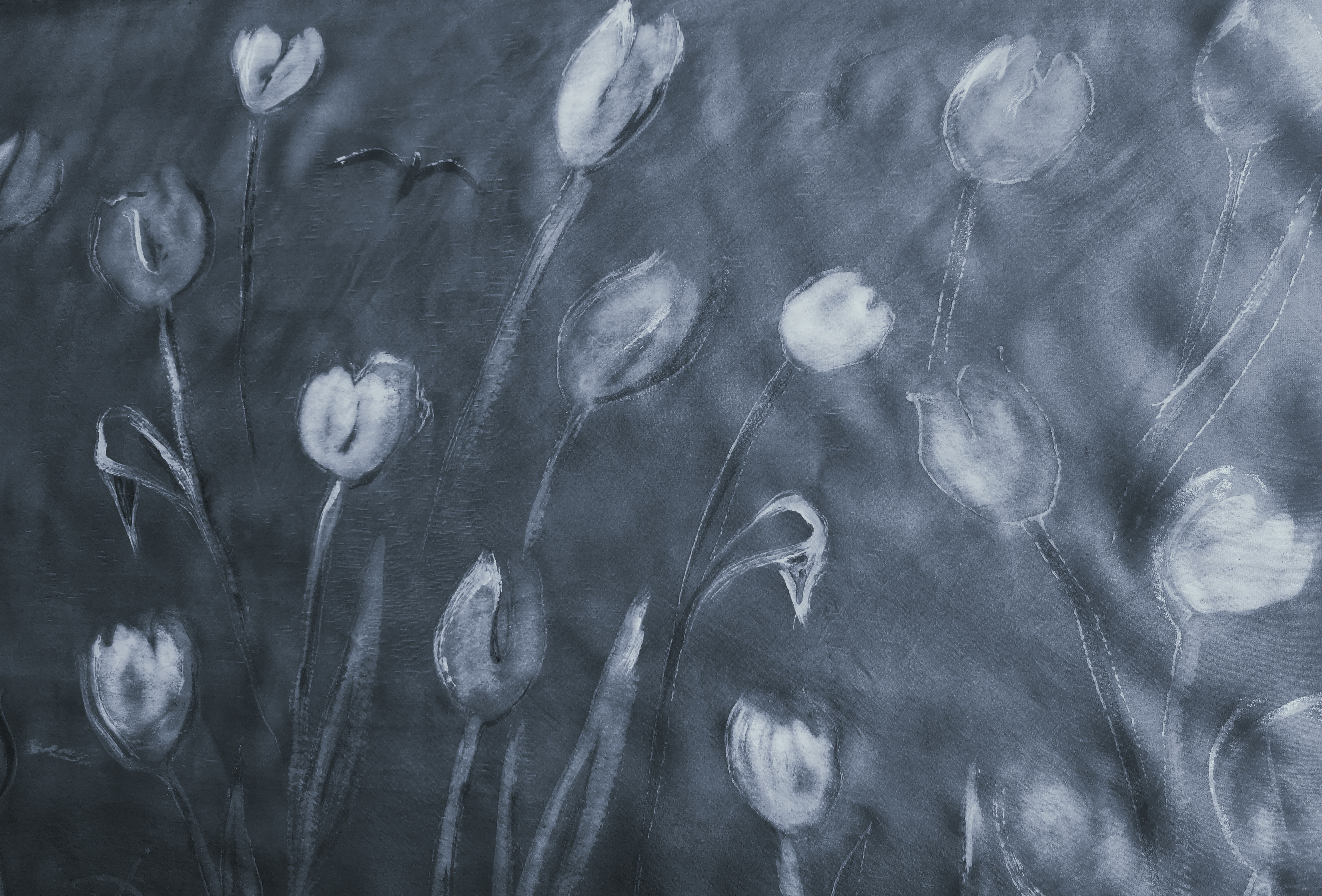 Hedvábná šála - Tulipány v šedobílém