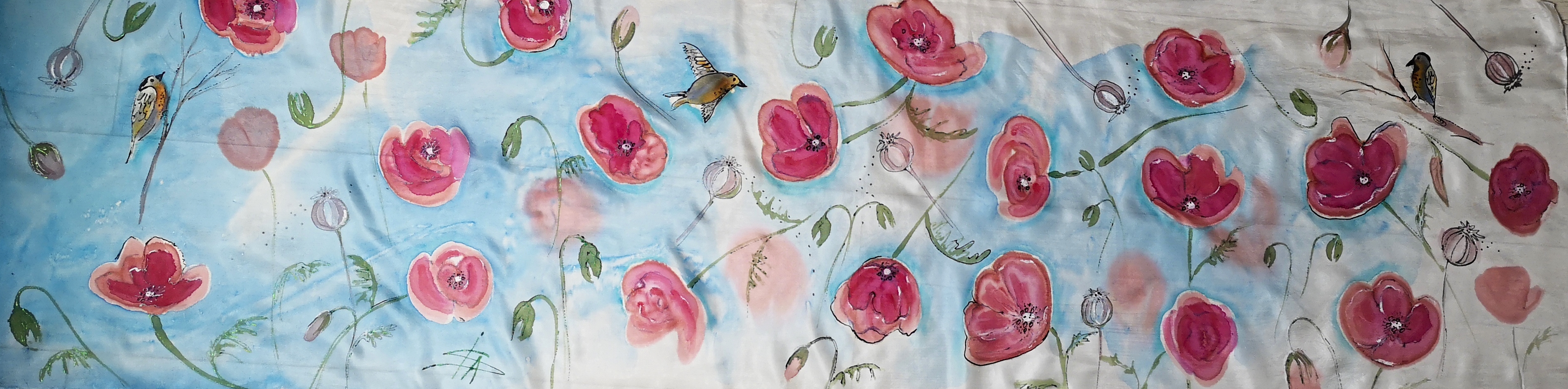 Hedvábná šála - Ptáčci v máku