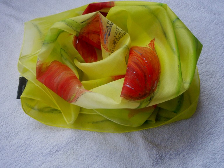 Ručně malovaný šátek, Žlutý s tulipány