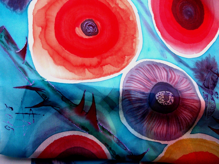 Hedvábná malovaná šála-šátek - Všicko už kvitně !