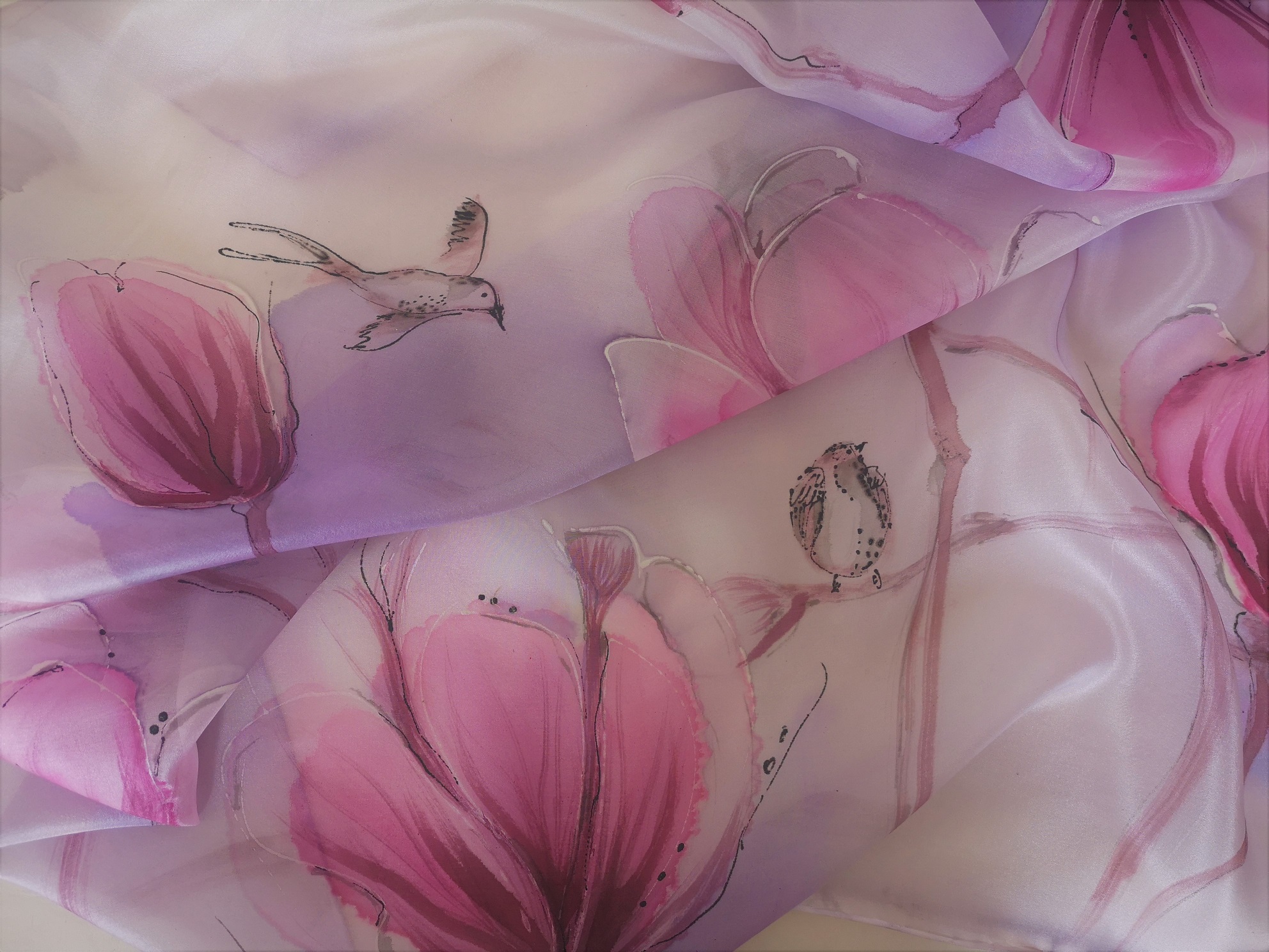 Velký hedvábný šátek - Magnolie a ptáčci