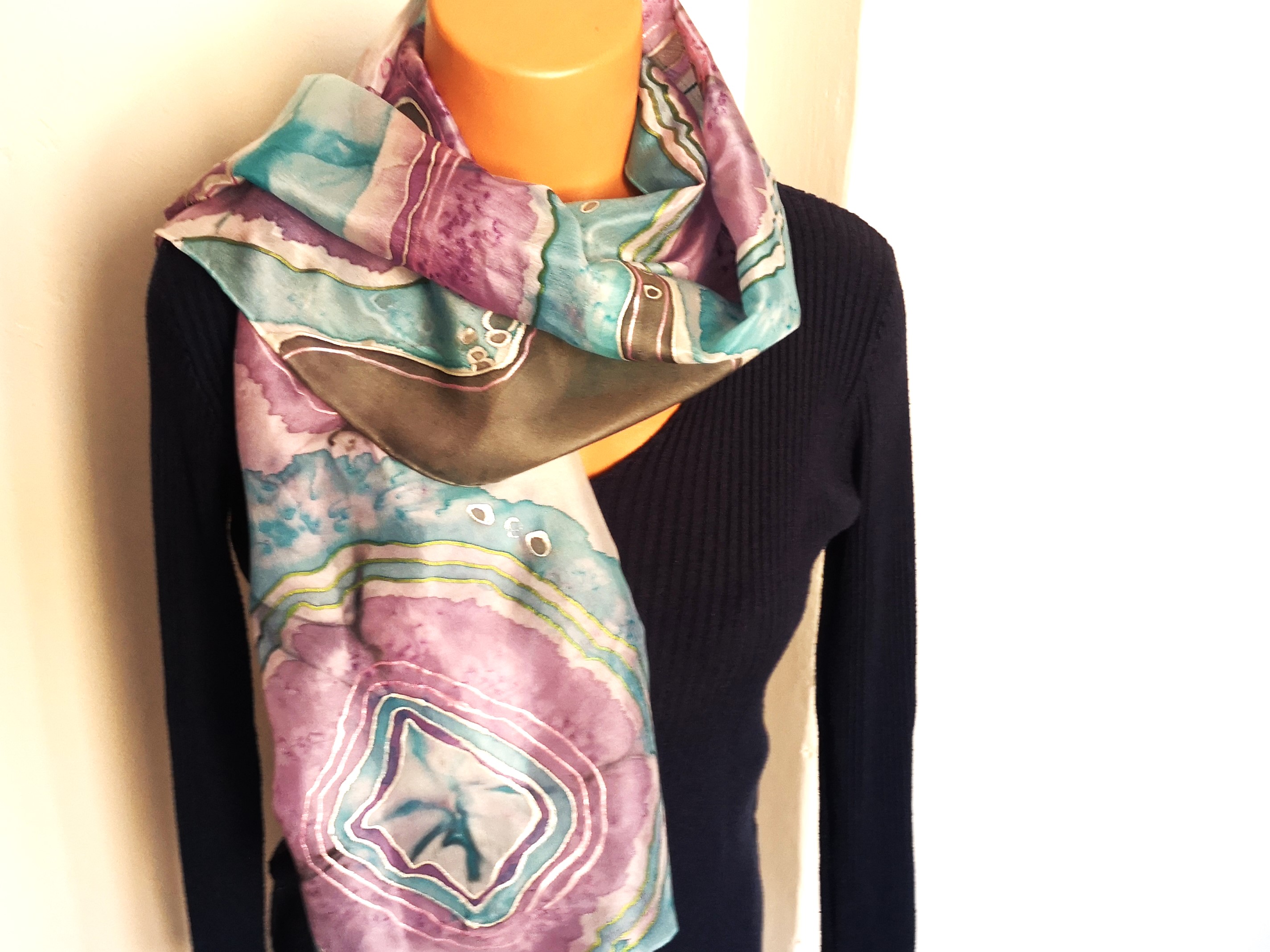 Hedvábná šála Plátky achátů tyrkys