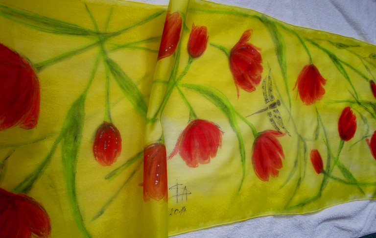 Ručně malovaný šátek, Žlutý s tulipány