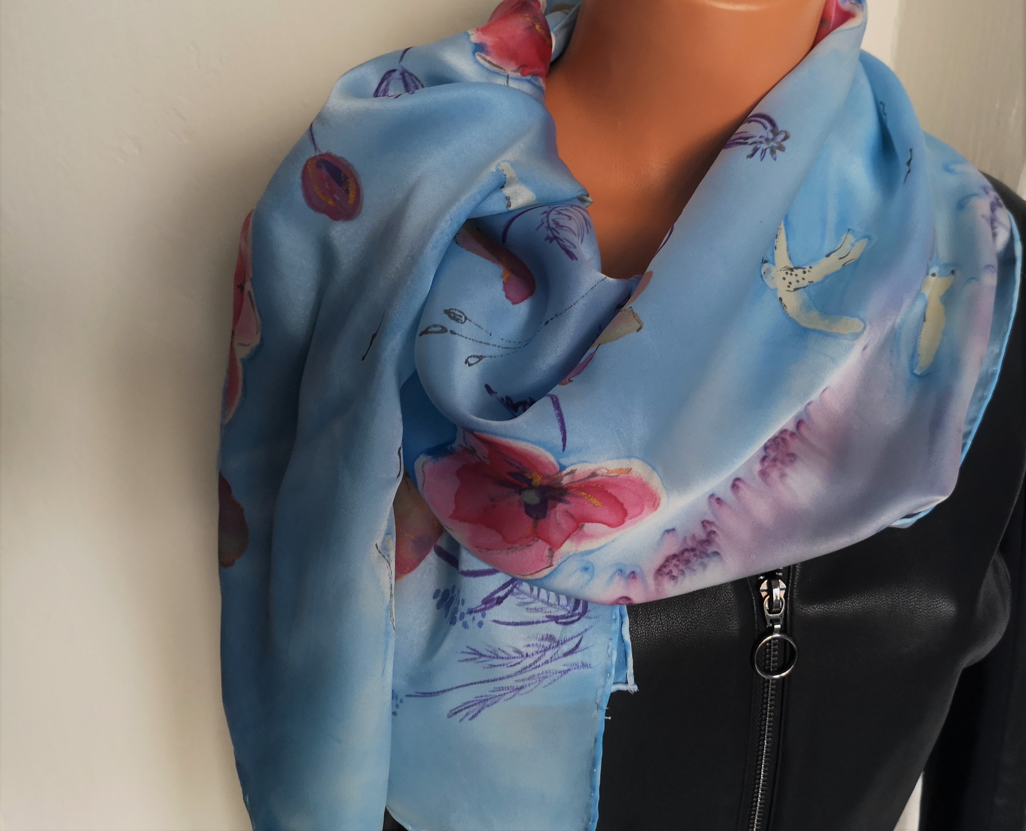 Luxusní hedvábný šál Ptáci nad loukou